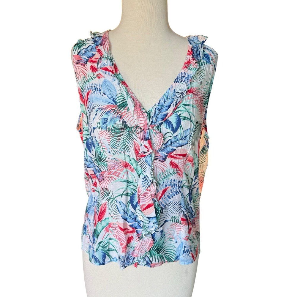 Tommy Bahama Silk Viscose Sleeveless Blouse Colorful Tropical Ruffles Medium